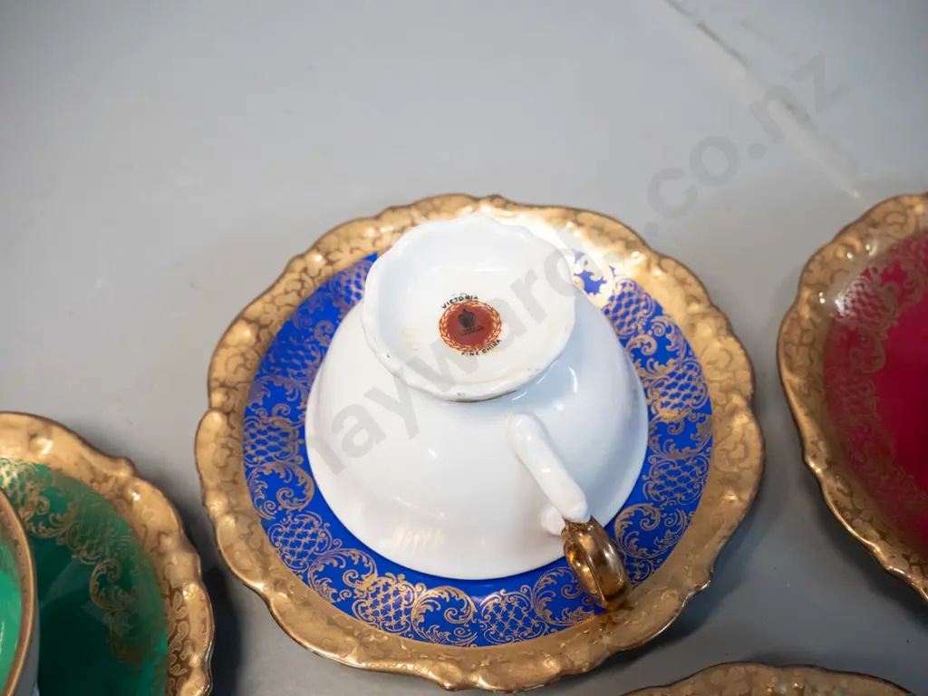 set of 6 "Victoria" German bone china coffee cups & saucers - multi colours & heavy gilt Image 1++