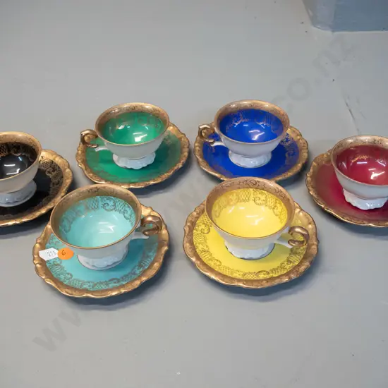 set of 6 "Victoria" German bone china coffee cups & saucers - multi colours & heavy gilt