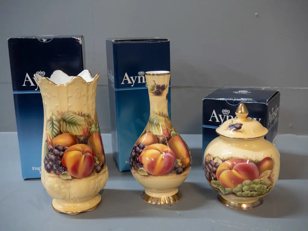 3 Aynsley Orchard Gold pattern items with original boxes - lidded urn and 2 vases, taller is H-160 Image 1++