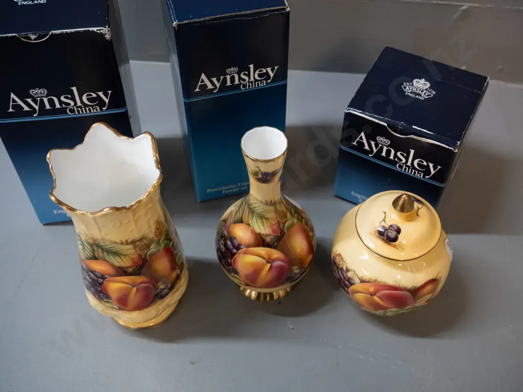 3 Aynsley Orchard Gold pattern items with original boxes - lidded urn and 2 vases, taller is H-160 Image 1++