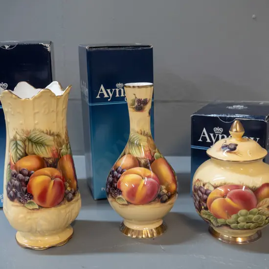 3 Aynsley Orchard Gold pattern items with original boxes - lidded urn and 2 vases, taller is H-160