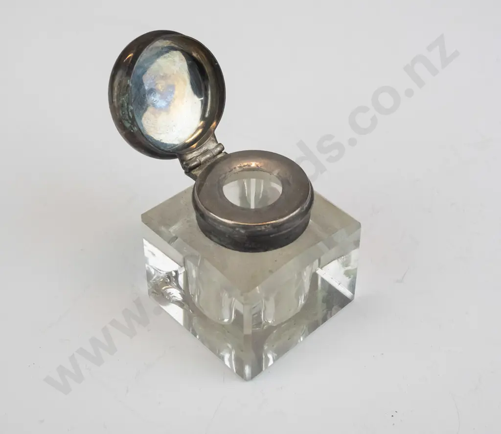 vintage inkwell with EPNS hinged cap and a fountain pen with EPNS stand - pen very worn Image 1++