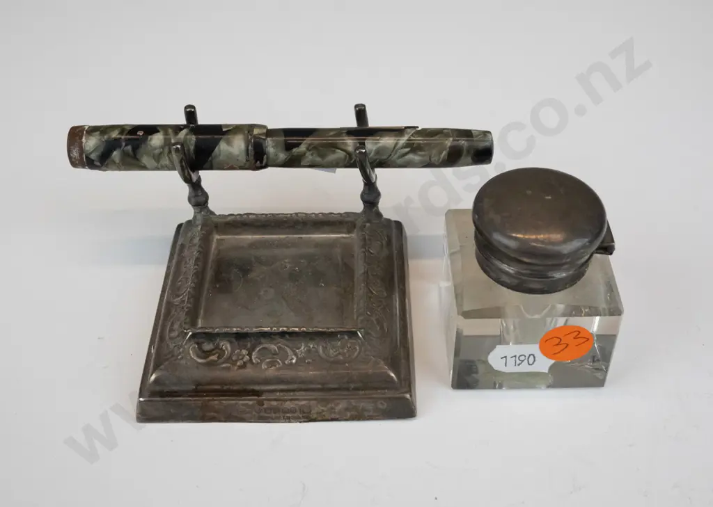 vintage inkwell with EPNS hinged cap and a fountain pen with EPNS stand - pen very worn Image 1++