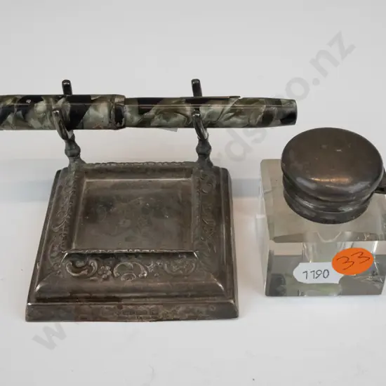 vintage inkwell with EPNS hinged cap and a fountain pen with EPNS stand - pen very worn