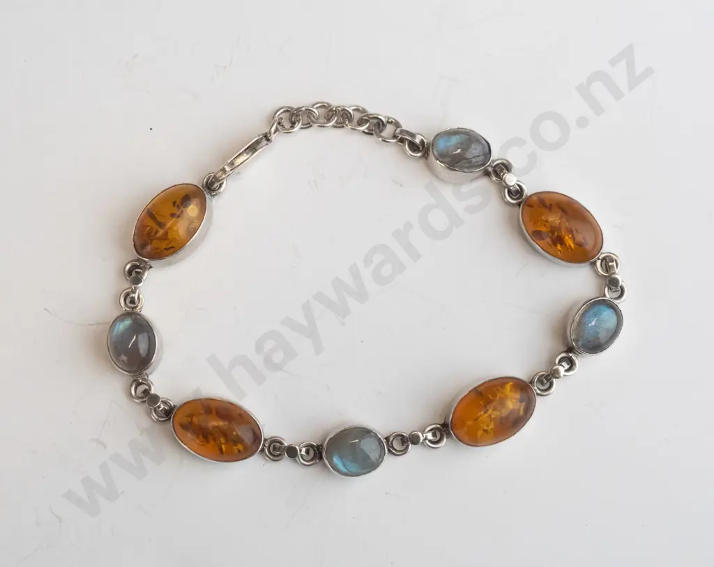 silver amber & moonstone bracelet stamped 925 Image 1++