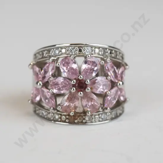 silver ring with pink stones stamped 925