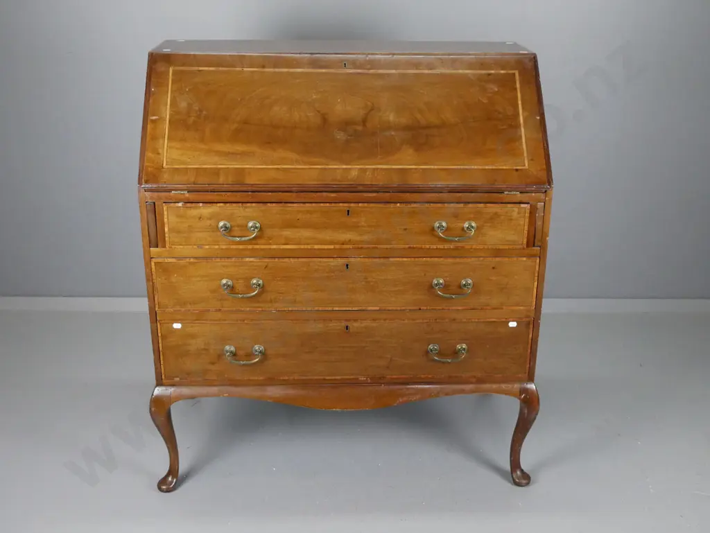 Edwardian mahogany Sheraton revival drop-front writing desk with boxwood stringing inlay on top & drawers, brass handles Image 1++
