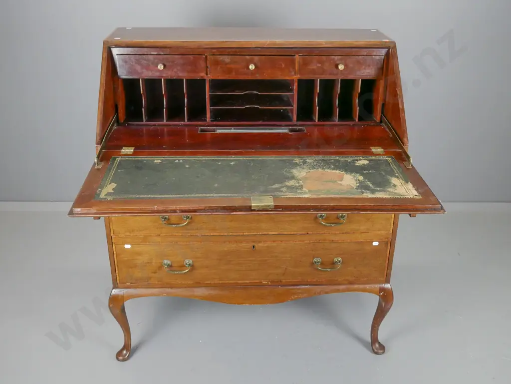 Edwardian mahogany Sheraton revival drop-front writing desk with boxwood stringing inlay on top & drawers, brass handles Image 1++