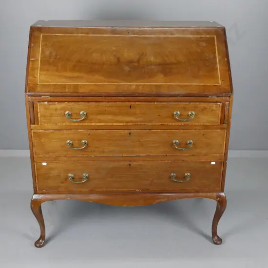 Edwardian mahogany Sheraton revival drop-front writing desk with boxwood stringing inlay on top & drawers, brass handles