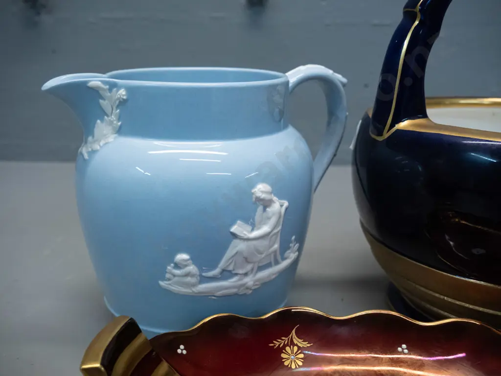 Wedgwood light blue Queen's ware jug, German cobalt and gilt handled basket, and a Carlton Ware Rouge Royal dish with Image 1++