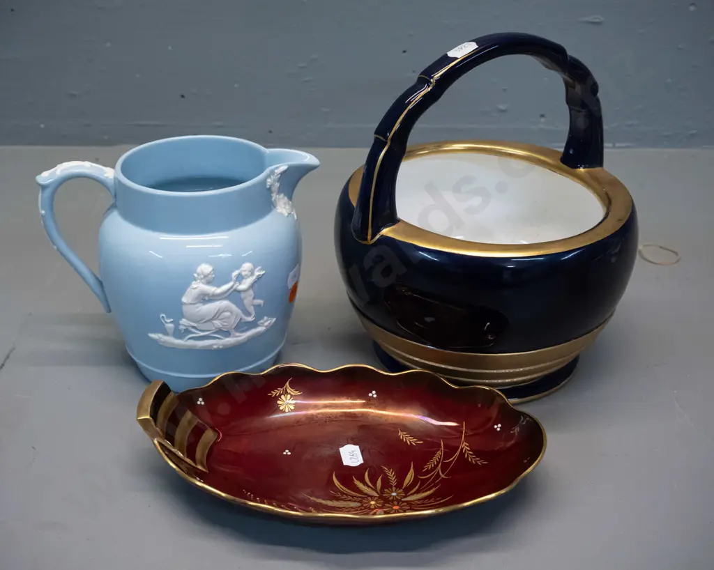 Wedgwood light blue Queen's ware jug, German cobalt and gilt handled basket, and a Carlton Ware Rouge Royal dish with Image 1++