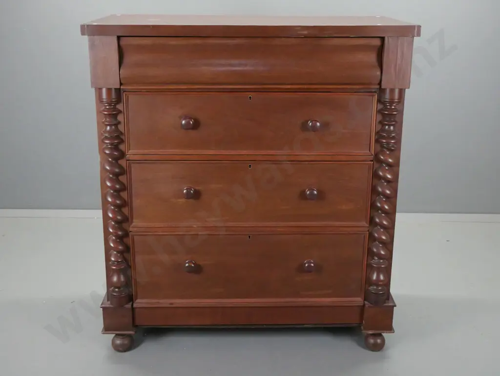 restorer's Victorian mahogany veneer 4-drawer chest with half twist turned pilasters, on turned bun feet - veneer on top Image 1++