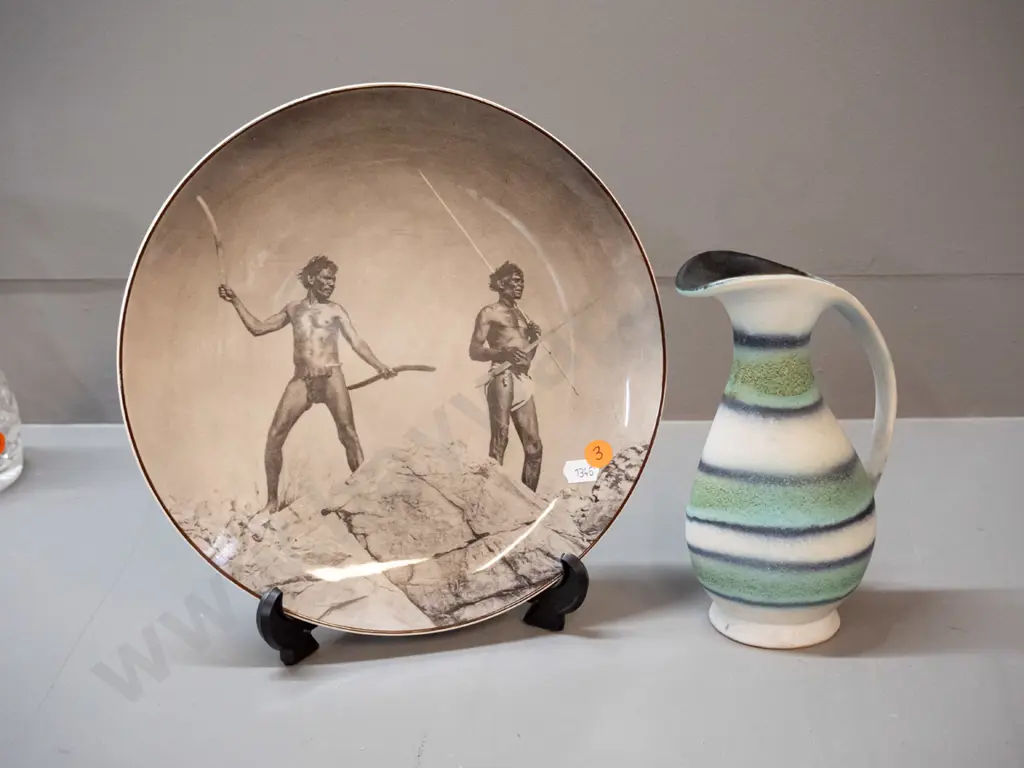 Royal Doulton Australian hunting Aborigine motif plate D260 and a matte glaze striped German pottery vase Image 1++