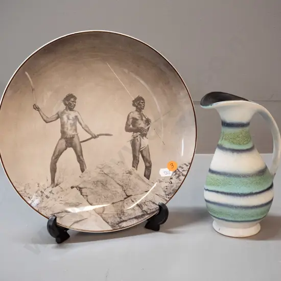 Royal Doulton Australian hunting Aborigine motif plate D260 and a matte glaze striped German pottery vase