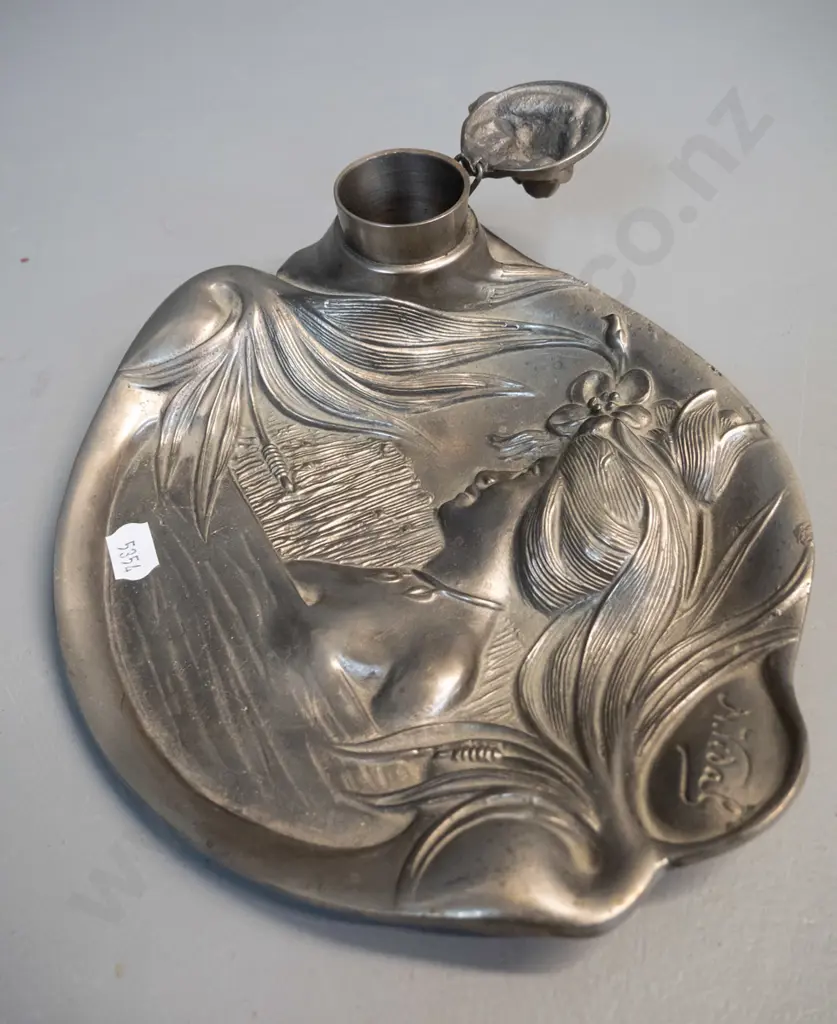 nouveau style relief figural cast metal desk tray with lidded inkwell, marked "M. Vidal" H-80 W-210 D-175 and a Image 1++