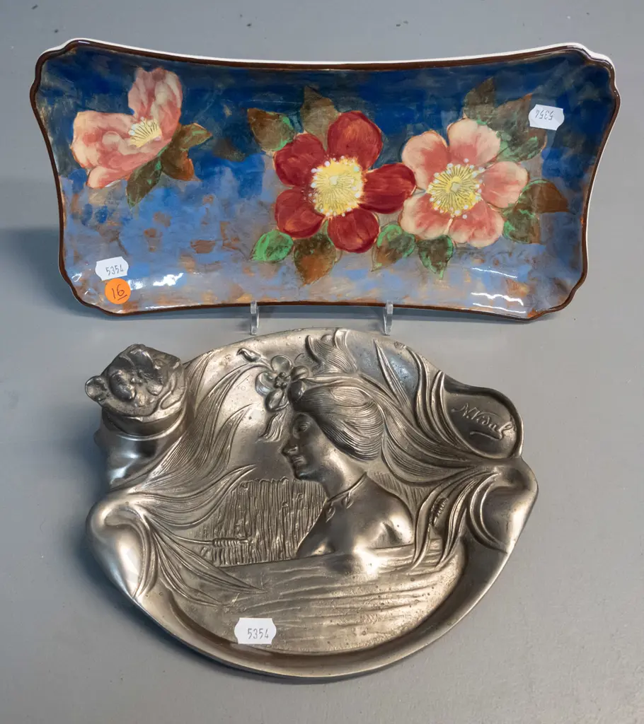 nouveau style relief figural cast metal desk tray with lidded inkwell, marked "M. Vidal" H-80 W-210 D-175 and a Image 1++