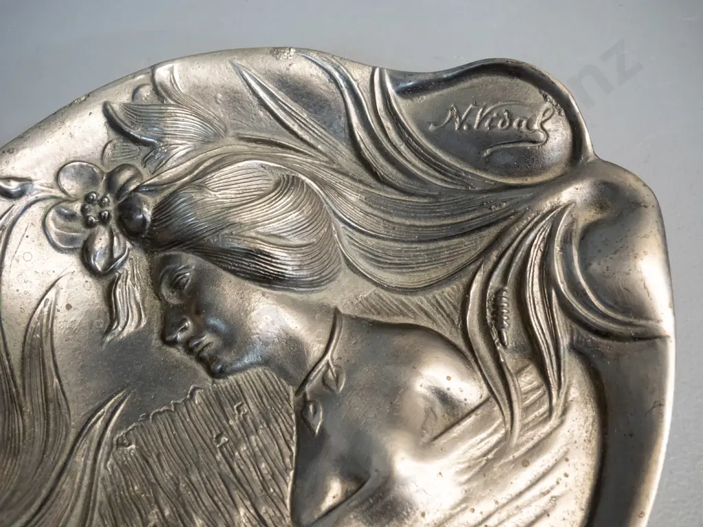 nouveau style relief figural cast metal desk tray with lidded inkwell, marked "M. Vidal" H-80 W-210 D-175 and a Image 1++