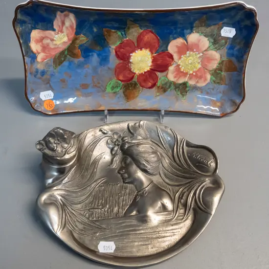 nouveau style relief figural cast metal desk tray with lidded inkwell, marked "M. Vidal" H-80 W-210 D-175 and a