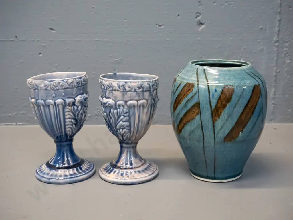 3 studio pottery items - vase with unknown mark H-165 and 2 mottled glaze goblets, no maker's marks Image 1++