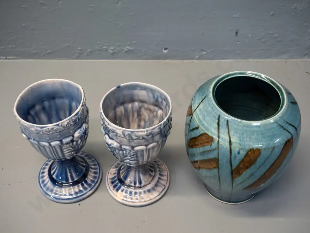 3 studio pottery items - vase with unknown mark H-165 and 2 mottled glaze goblets, no maker's marks Image 1++