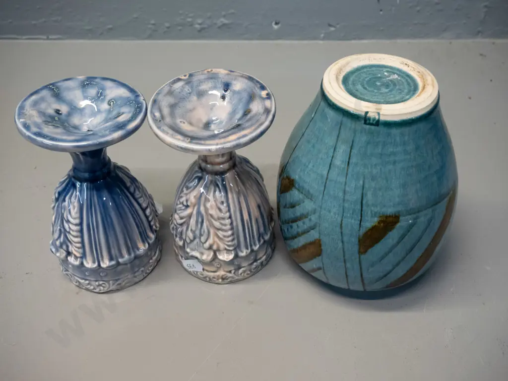 3 studio pottery items - vase with unknown mark H-165 and 2 mottled glaze goblets, no maker's marks Image 1++