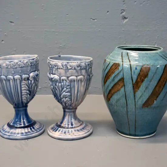 3 studio pottery items - vase with unknown mark H-165 and 2 mottled glaze goblets, no maker's marks