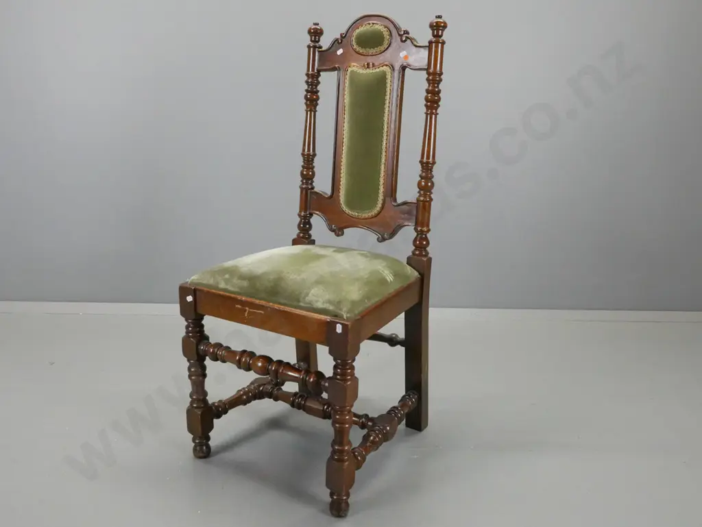 vintage mahogany chair with turned stretcher base, green velvet upholstered top, overall scuffing and scratching H-1080 Image 1++