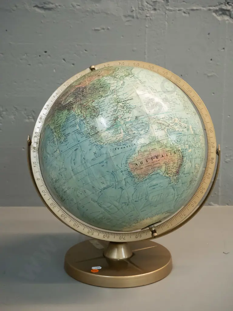 world globe on metal stand - marked Replogle Land & Sea 12" Made in USA. H-390 Image 1++