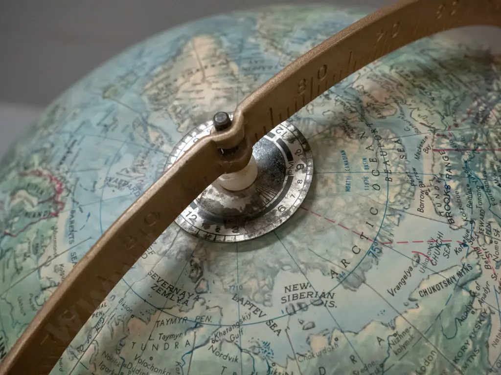world globe on metal stand - marked Replogle Land & Sea 12" Made in USA. H-390 Image 1++