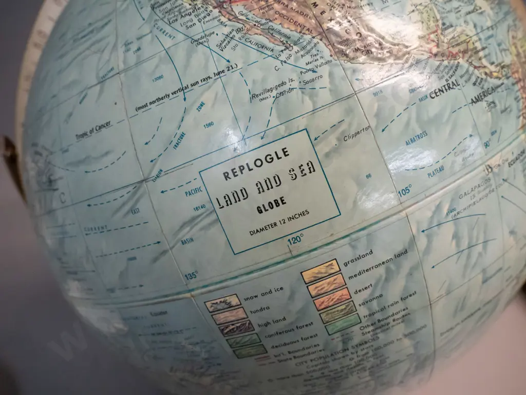 world globe on metal stand - marked Replogle Land & Sea 12" Made in USA. H-390 Image 1++