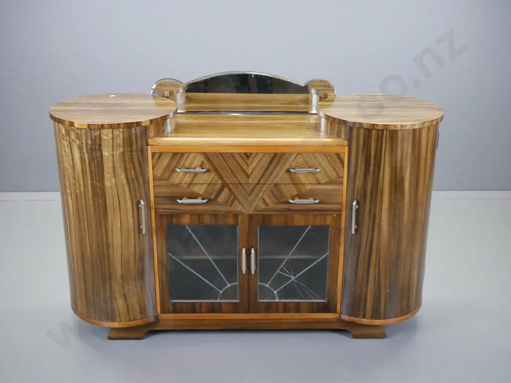 vintage art deco Tasmanian walnut double pedestal dresser with shaped bevelled edge mirrored upstand, 2 drawers, 2 lead- Image 1++