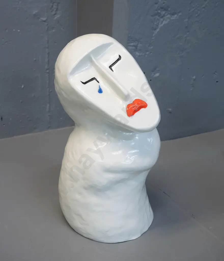 white ceramic figure with upturned sad face - impressed (Japanese?) maker's mark H-320 - some glaze crazing Image 1++