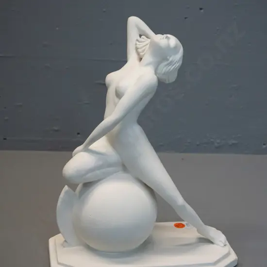 art deco white plaster figurine with label on base - G. Leonardi London, has had 2 breaks repaired, small chips around