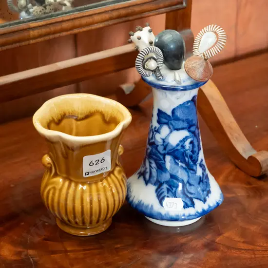 small vase (Titian?) marked PV 112 and a vintage blue & white Staffordshire hat pin holder H-150 with some hat pins