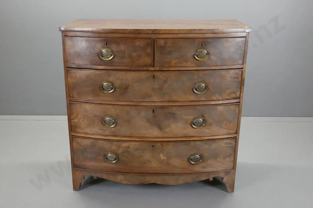 regency mahogany 5-drawer bow-front chest, w/shaped base on bracket feet, oval brass drawer plates, some fading to Image 1++