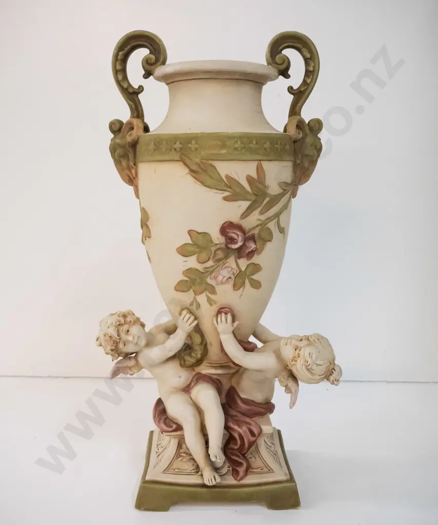 Royal Dux figural urn vase with floral and cherub decoration H-470 W-240 Image 1++