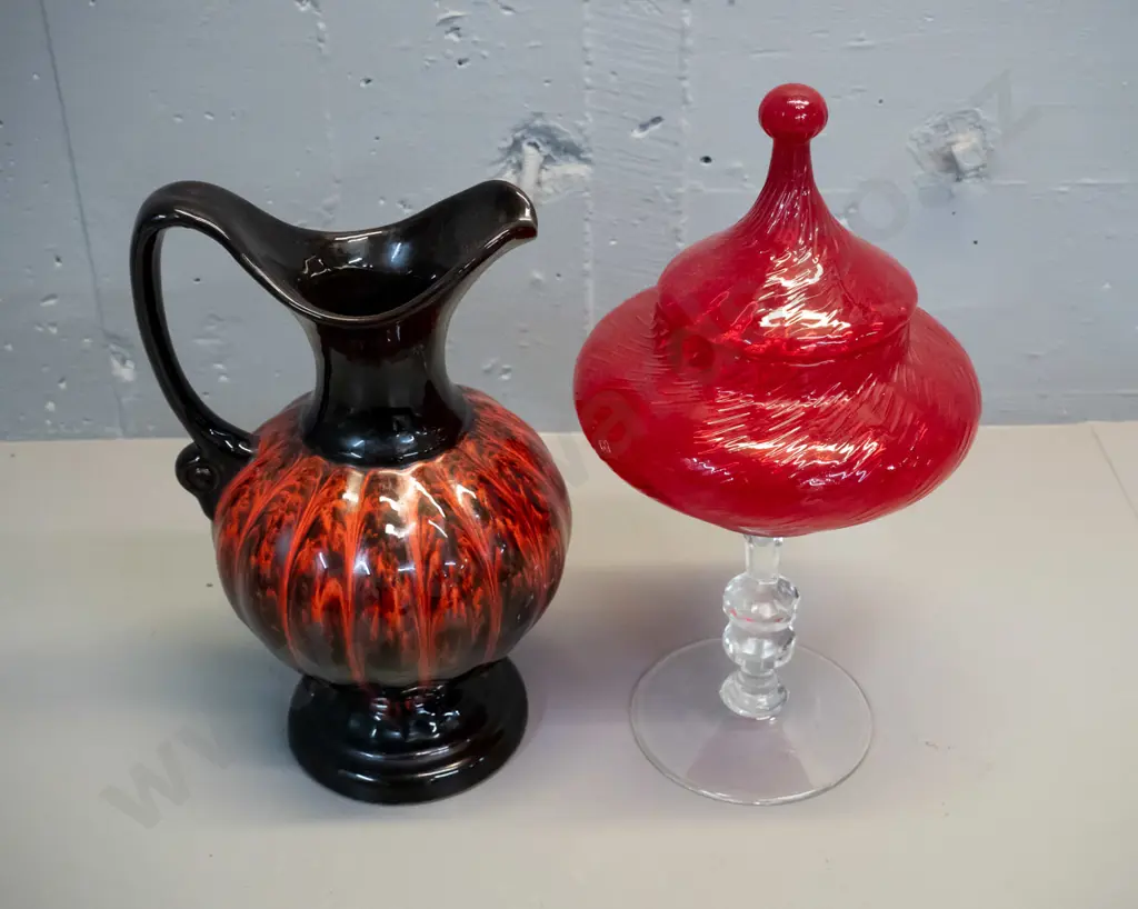 Canuck Pottery black and orange ewer jug and a retro ruby glass clear stemmed lidded comport H-340 Image 1++