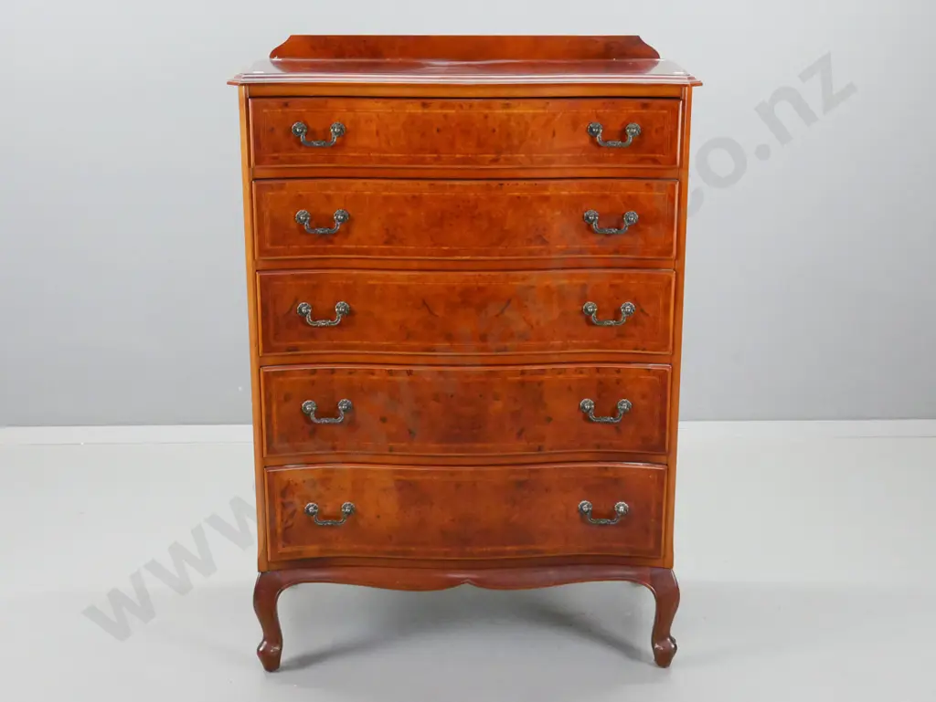 reproduction Victorian style walnut 5-drawer tallboy with cross-banded inlaid fronts, short cab. legs Some fading and Image 1++