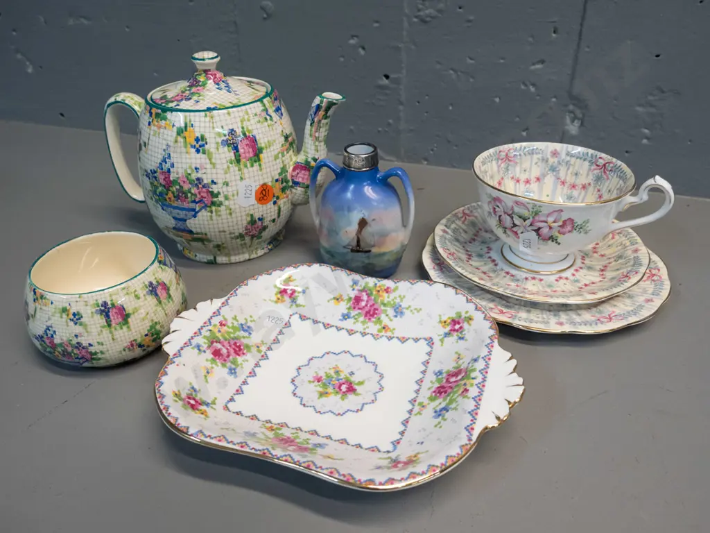 Royal Winton "Pelham" teapot H140 L180 and sugar bowl, Royal Albert dish, Queen Anne trio, small sterling silver rimmed Image 1++