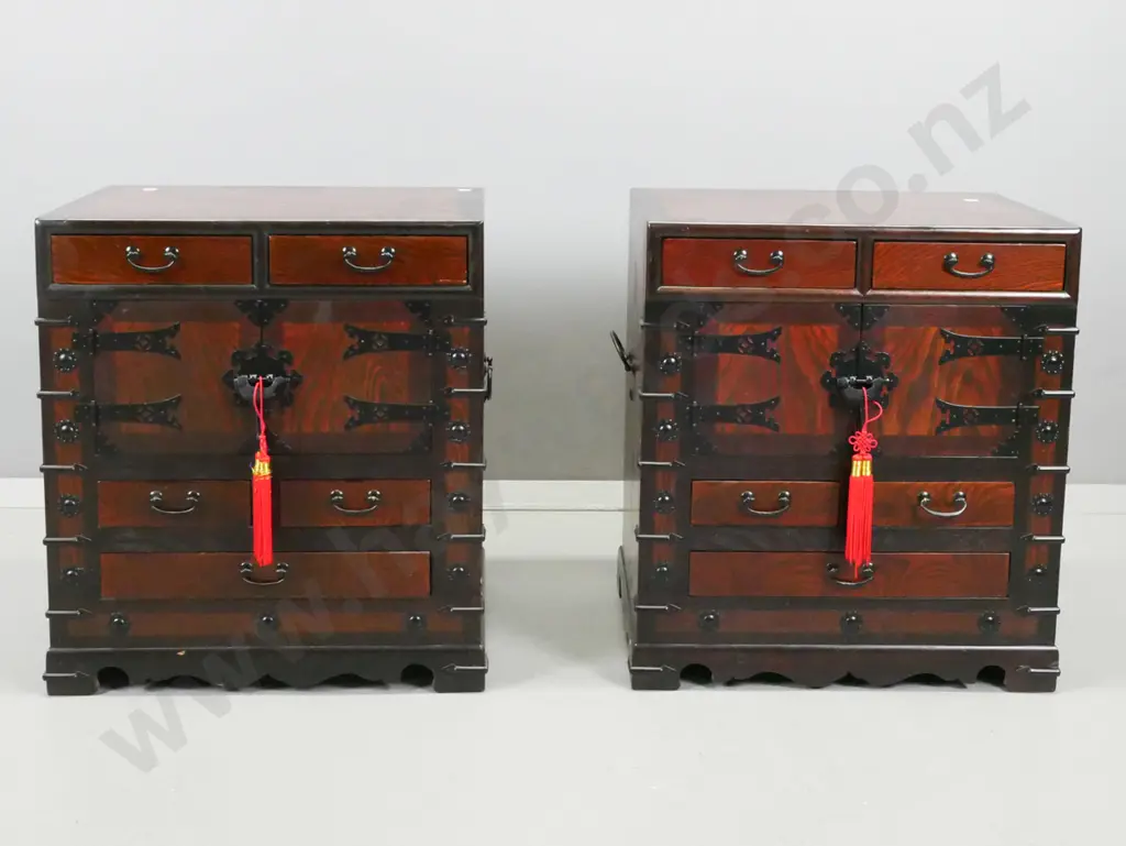pair as-new reproduction elm Korean coin chests / bedside cabinets with metal drop handles and applied decoration, side Image 1++