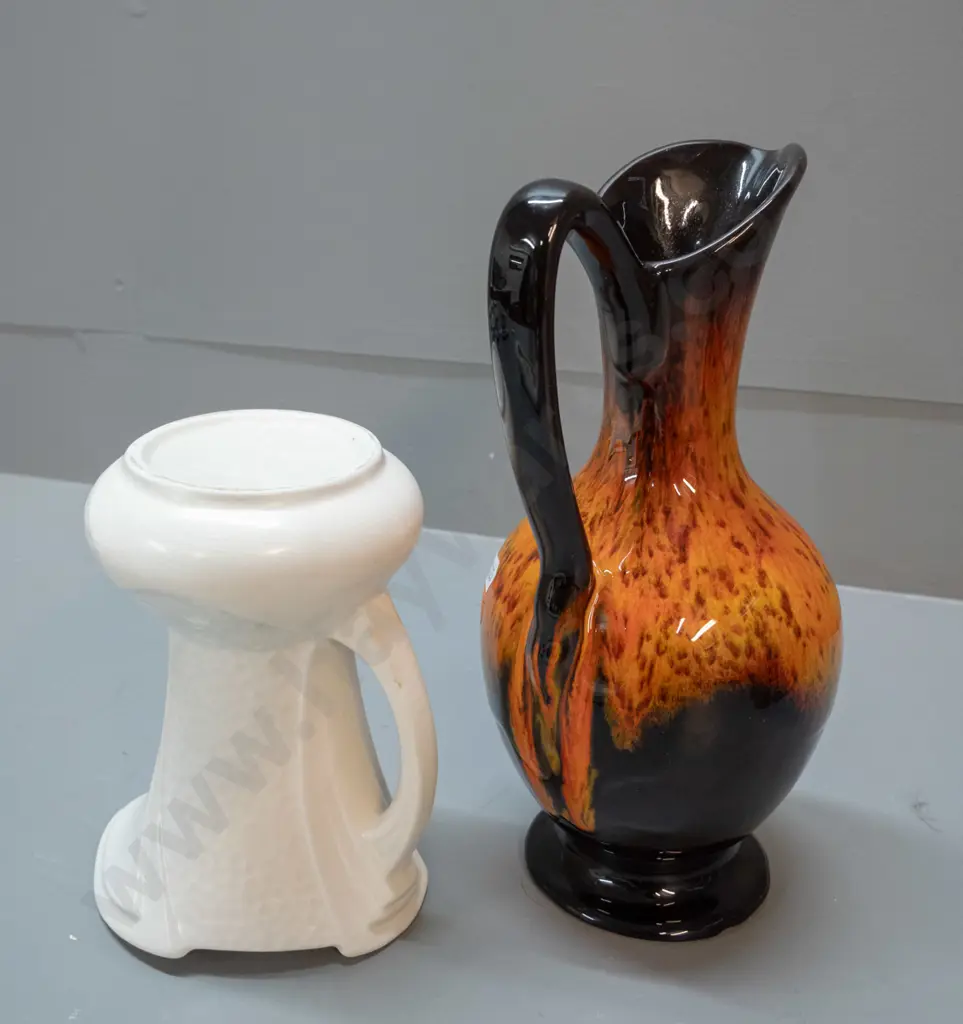 Canuck Pottery lava jug H-260, Sylvac jug vase and a Shorter & Sons viking long boat trough L-330. Some crazing Image 1++