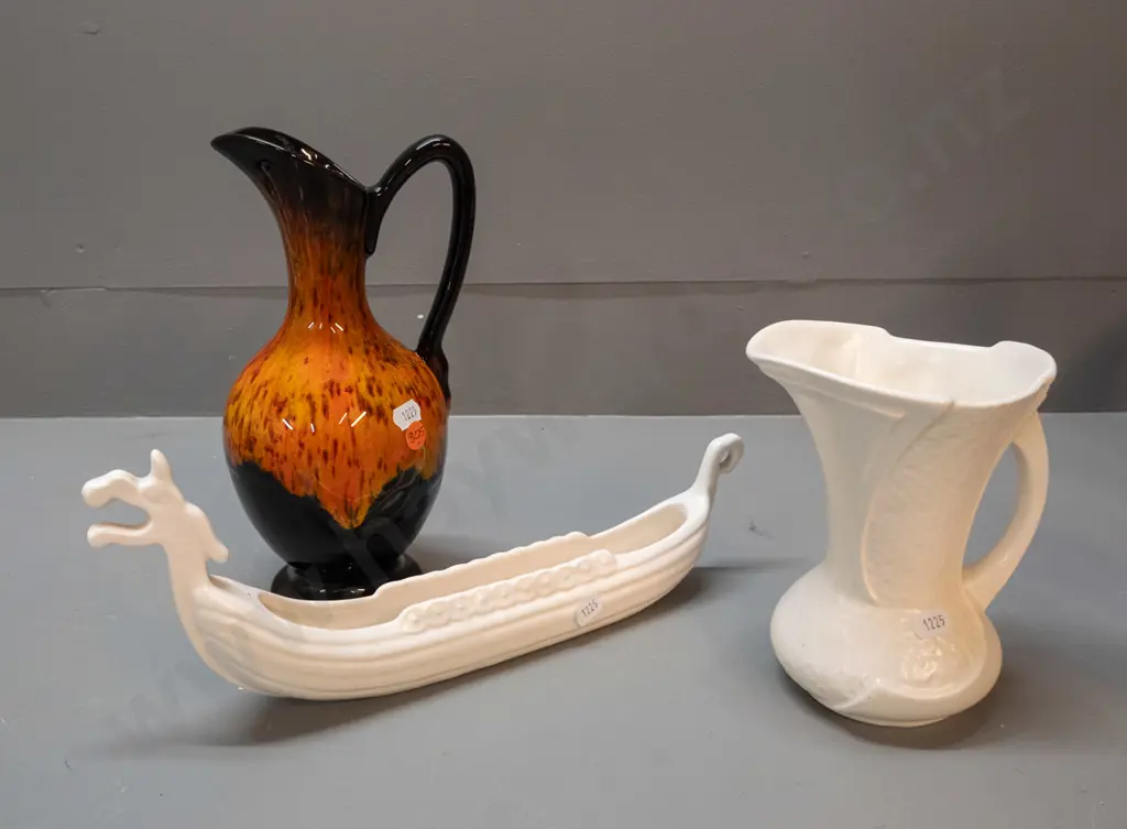 Canuck Pottery lava jug H-260, Sylvac jug vase and a Shorter & Sons viking long boat trough L-330. Some crazing Image 1++