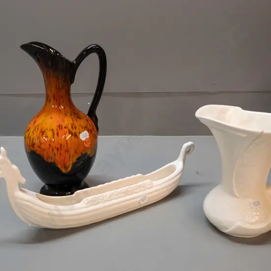 Canuck Pottery lava jug H-260, Sylvac jug vase and a Shorter & Sons viking long boat trough L-330. Some crazing