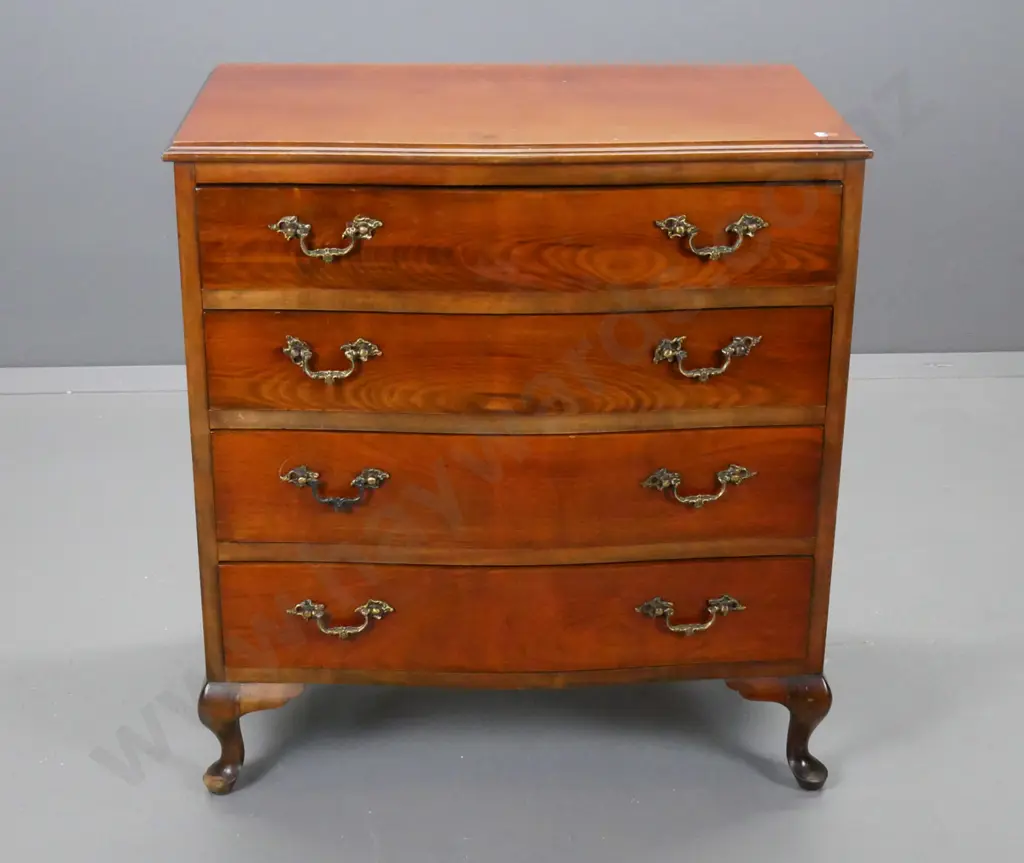 reproduction cab leg beech & rimu serpentine front chest of drawers with rococo style metal drop handles - some chipping Image 1++
