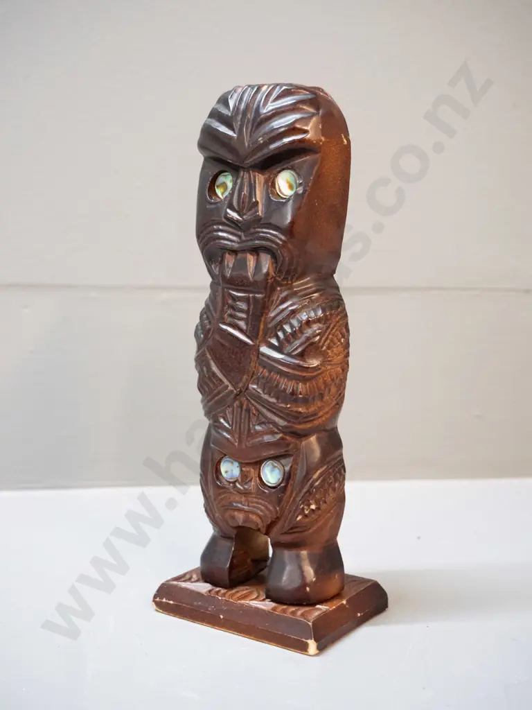 3 small souvenir items - carved timber tiki figure with paua insets, a cast brass shoe-horn and a plain timber mere with Image 1++