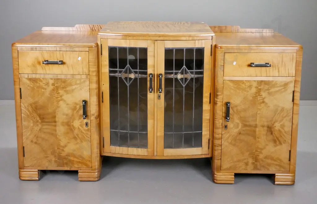 art deco display case - rimu and figured beech with 2 leadlight doors, 2 pedestals with drawer above cupboard door, Image 1++