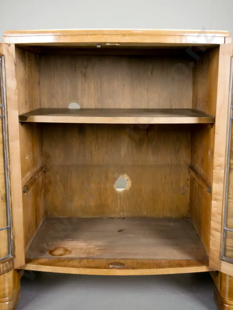 art deco display case - rimu and figured beech with 2 leadlight doors, 2 pedestals with drawer above cupboard door, Image 1++