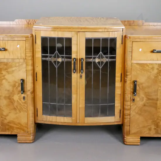 art deco display case - rimu and figured beech with 2 leadlight doors, 2 pedestals with drawer above cupboard door,