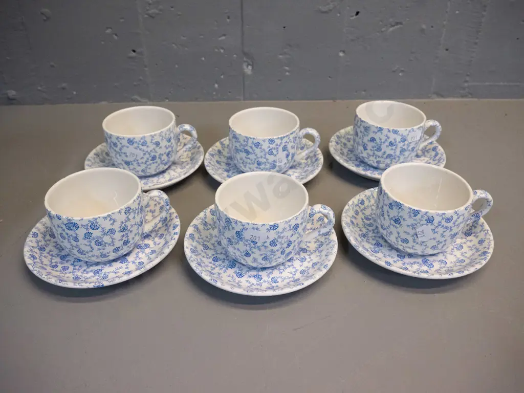 6 blue & white floral cups & saucers, marked Scoullar Dunedin & Dunn Bennett Burslem England - some scratches to Image 1++