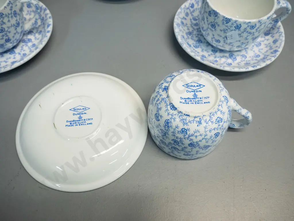 6 blue & white floral cups & saucers, marked Scoullar Dunedin & Dunn Bennett Burslem England - some scratches to Image 1++